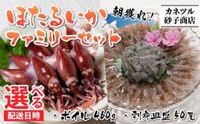 【先行予約】ほたるいか ボイル＆刺身皿盛りファミリーセット※着日指定は備考欄へ　※26年3月中旬以降順次発送予定【(有)カネツル砂子商店】