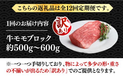 【全12回定期便】【訳あり】博多和牛 モモ ブロック（ローストビーフ用等）約500g〜600g 《築上町》【MEAT PLUS】肉 お肉 ローストビーフ[ABBP129]