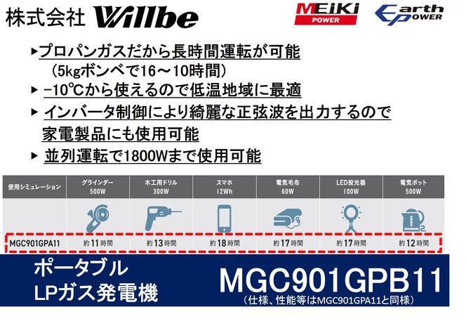 ポータブルガス発電機 MGC901GPB11 LPガス燃料(キャスター付き)