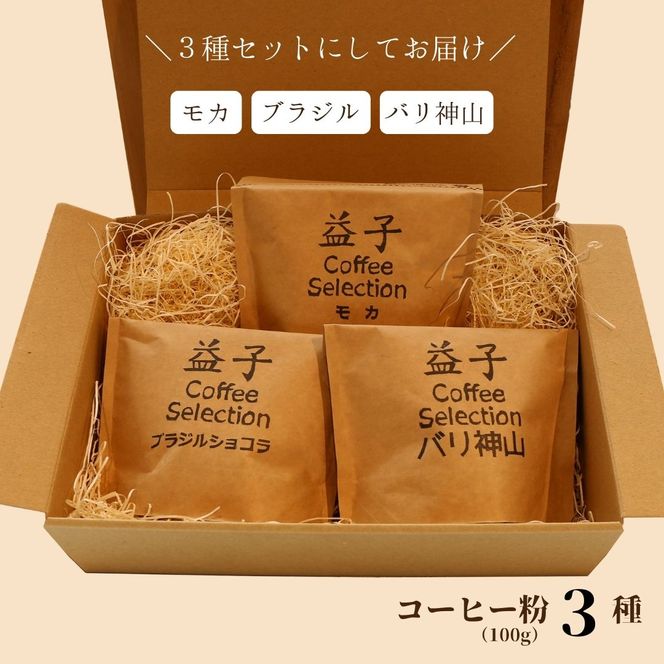 AA010 益子町にある小さなコーヒー屋MegumiDrip　益子 Coffee Selection　コーヒー（粉）3種　ブラジル モカ バリ神山 100g×1袋 中煎り 焙煎
