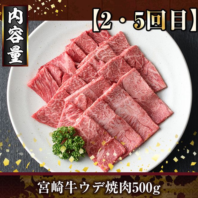 ＜定期便・全6回(連続)＞宮崎牛焼肉定期便(総量2.6kg)  牛肉 もも 肉 肩ロース ウデ BBQ 精肉 お取り寄せ 黒毛和牛 ブランド和牛 冷凍 国産【R-79】【ミヤチク】