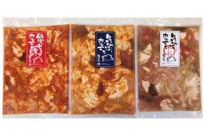 亀山印 気仙沼ホルモン 食べ比べ みそ・しお・ピリ辛 各500g ×1p 計3p [気仙沼市物産振興協会 宮城県 気仙沼市 20565249] 豚 生モツ ホルモン みそ 味噌 しお 塩 ピリ辛 味付き 焼肉 冷凍