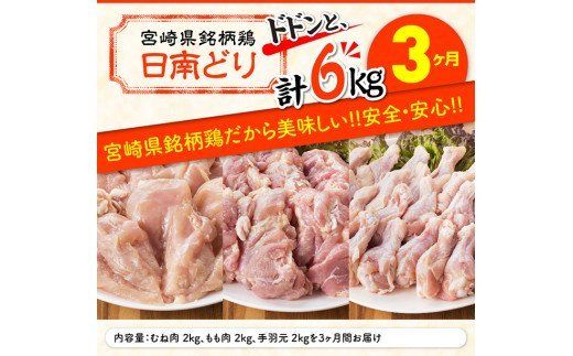 【3ヶ月定期便】宮崎県産若鶏　日南どり　もも肉＆むね肉＆手羽元　計6kg（各2㎏×1） 【 ふるさと納税 鶏肉 鶏 若鶏 もも むね 手羽元 セット 宮崎県産 川南町 おうち時間 おうちごはん 定期便 送料無料 】 [C05310t3]