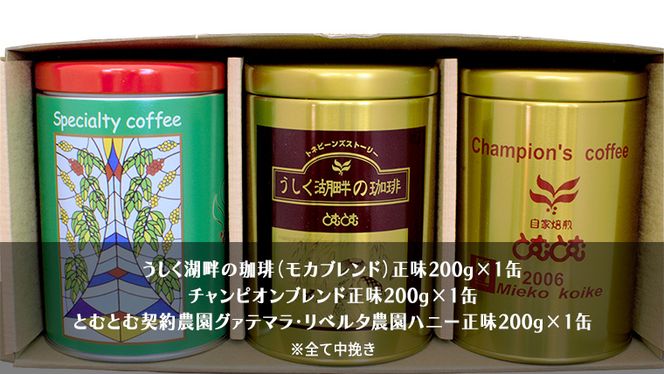 とむとむ 自家焙煎 レギュラーコーヒー 3缶 セット ( 各200g ) 缶 中挽き 珈琲 バリスタ 日本一 ブレンド モカ 自家焙煎 香り 挽きたて [BC004us]