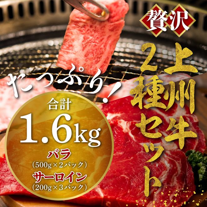 牛肉 焼肉 バラ サーロイン 【上州牛】 ボリューム たっぷり 1.6kg  群馬県 千代田町 ステーキ スライス (1.6kg) 2種 薄切り肉 国産 しゃぶしゃぶ 焼肉 牛鍋 鉄板焼き キャンプ プレゼント ギフト 贈答用 送料無料