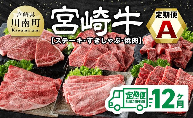 [12ヶ月定期便]宮崎牛定期便( すきしゃぶ ・ 焼肉 ・ ステーキ ) 全12回[ 肉 牛肉 国産 宮崎県産 宮崎牛 黒毛和牛 和牛 焼肉 しゃぶしゃぶ すきしゃぶ 焼しゃぶ ステーキ 4等級 A4ランク ] [E11136t12]