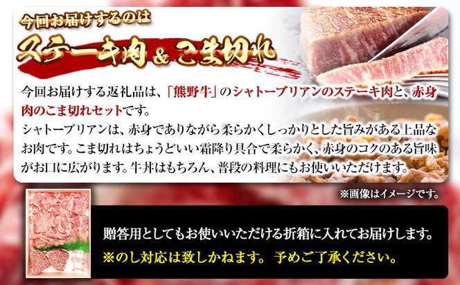 熊野牛A4以上 ヒレシャトーブリアンステーキ 200g(100g×2枚) & 霜降り赤身こま切れ300g 株式会社魚鶴商店《30日以内に出荷予定(土日祝除く)》 和歌山県 日高町 熊野牛 黒毛和牛 A4等級以上 霜降り 肩ロース---wsh_futshssk_30d_23_35000_500g---