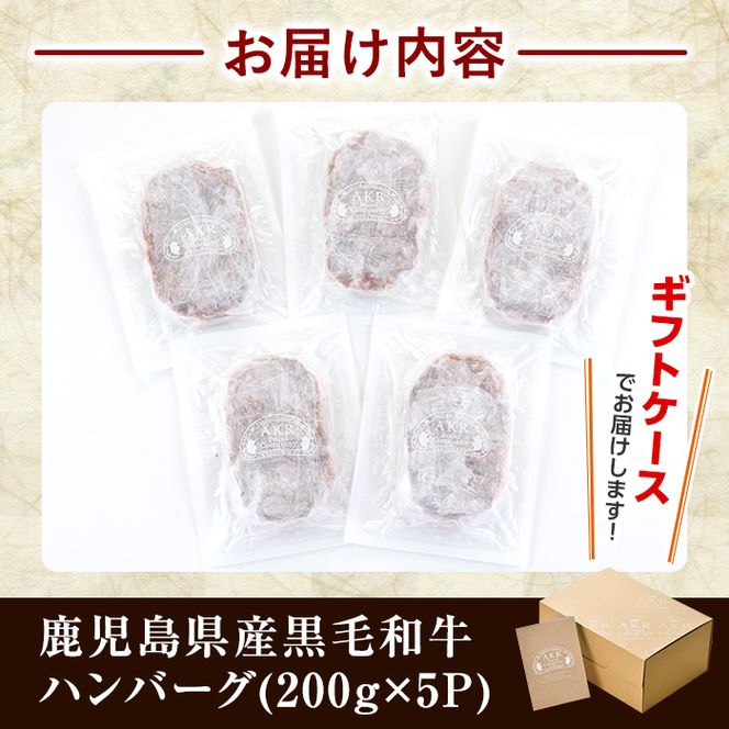 a750 鹿児島県産黒毛和牛ハンバーグセット(200g×5パック)【AKR Food Company】姶良市 国産 牛肉100% 冷凍 小分け
