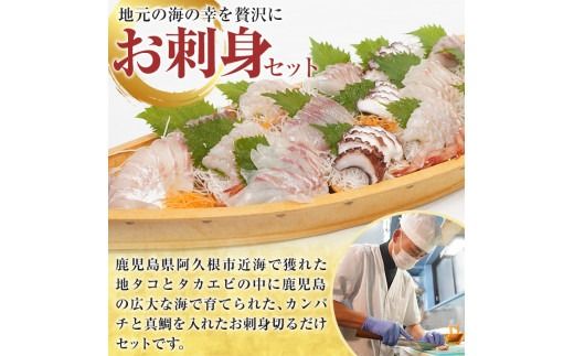 鹿児島県産！お刺身切るだけセット(6人～8人前)国産 刺し身盛 鹿児島産 魚貝 魚介 海産物 刺身 蛸 たこ 海老 エビ かんぱち タイ 簡単調理 おつまみ セット 小分け 個包装【さるがく水産】akn028-17