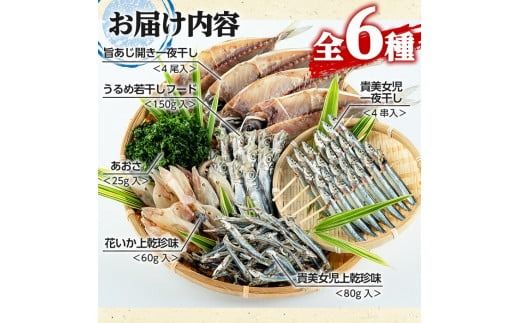 鹿児島県阿久根市産干物セット(6種) 国産 九州産 鹿児島県産 新鮮 鮮度 魚 魚介類 乾物 ひもの おつまみ おかず お弁当 珍味 一夜干し きびなご あじ いか あおさ【マルフク川畑水産】akn029-01