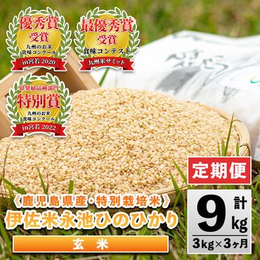 isa536 [定期便]令和5年産 特別栽培米 永池ひのひかり玄米(計9kg・3kg×3ヶ月)[エコファーム永池]