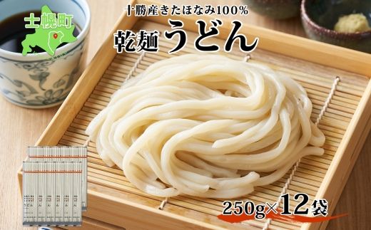 北海道産 うどん 250g×12袋 2-3人前 乾麺 干しうどん 麺 めん きたほなみ 小麦使用 小分け 個包装 保存 備蓄 贈り物 ギフト 送料無料 北海道 十勝 士幌町 【N05-2】