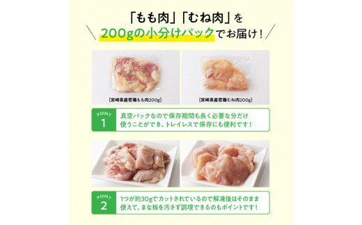 【6ヶ月定期便】【小分け】宮崎県産 若鶏 もも＆むね肉 計3.2kg(各200g×8) 【 九州産 宮崎県産 川南町産 若鶏 真空パック トレイレス 】 [C00804t6]