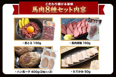 純国産馬肉8種セット 計2200g 《30日以内に出荷予定(土日祝除く)》 熊本肥育 2年連続農林水産大臣賞受賞 送料無料 馬刺し 馬肉 馬スジ ホルモン 燻製 霜降り ハンバーグ 南阿蘇村---mna_fba8syu_30d_r7_25000_2200g---