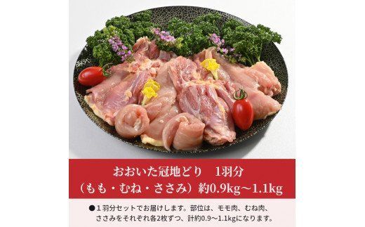【A03032】おおいた冠地どり　1羽分（もも・むね・ささみ）約0.9kg～1.1kg