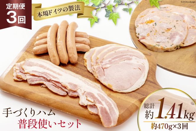 定期便【3ヶ月連続お届け】 手づくりハム 普段使いセット 計470g×3回 総計1.41kg [デリカテッセン アーチャン 埼玉県 小川町 233] おかず おつまみ ロースハム ハム ウィンナー ロース ベーコン スモーク 燻製 冷蔵 おまかせ