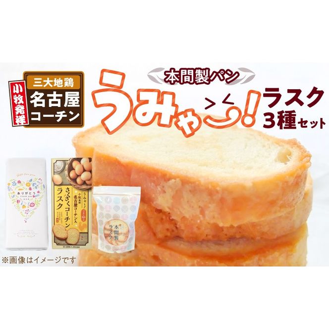 本間製パン　うみゃ～！ラスクセット［013H11］特製 ラスク 3種 名古屋コーチン たまご100% 濃厚 プレーン 甘い スイーツ デザート おやつ 可愛い パッケージ お土産 贈り物 厳選材料 国産発酵バター シンプル 愛知県 小牧市 お取り寄せ 送料無料