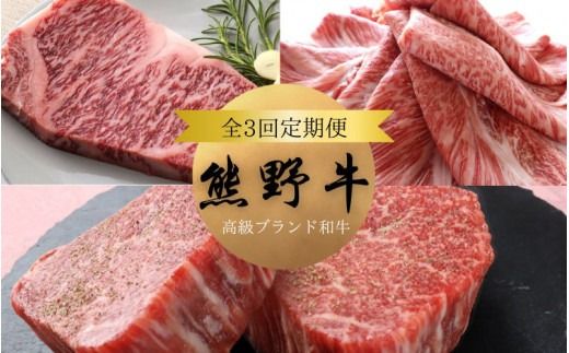 【3か月定期便】＼A4以上の高級和牛 「熊野牛」を3か月連続でお届け！／ (霜降りローススライス・霜降り赤身こま切れ・ヒレシャトーブリアンステーキ＆霜降りサーロインステーキ) / 国産 肉 牛肉 和牛 黒毛和牛 焼肉 ステーキ すき焼き しゃぶしゃぶ ロース 赤身 サーロイン シャトーブリアン 霜降り 冷凍 定期便【tkb312】