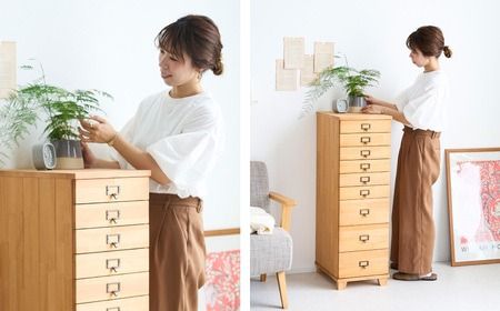 天然木チェスト 9段 B4サイズ ダークブラウン・キャスター・取っ手B(メタルアンティーク)