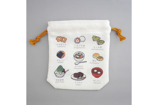 丹後ちりめん　にほんご巾着「wagashi（和菓子）」 サイズ：約13.5cm×17.5cm　DZ00029-04