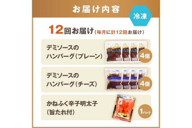 【K03-001】かねふく辛子明太子&デミソースのハンバーグ2種セット【毎月定期便(計12回発送)】