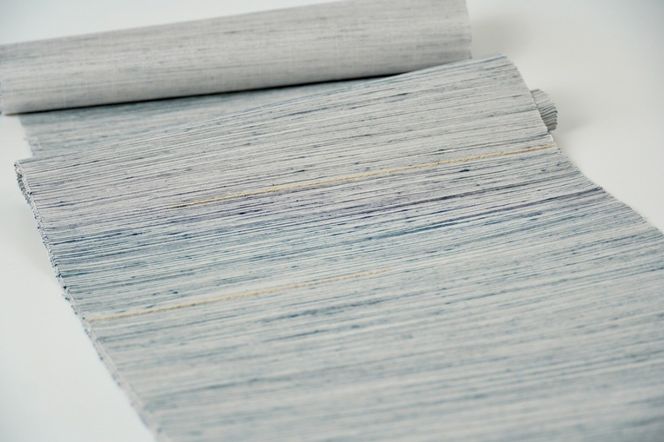 ＜丹後の藤布　遊絲舎＞八寸名古屋帯　「藤八本」（白地に紺絣）選べるお仕立て　FY00109