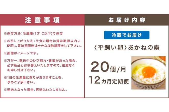【J32-002】〈平飼い卵〉あかねの虜（20個/月）【12カ月定期便】