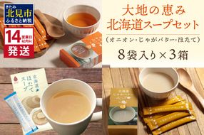 《14営業日以内に発送》全3種セット！大地の恵み北海道スープ 3種×1箱 ( スープ 即席 オニオンスープ たまねぎスープ ほたて じゃがバター 粉末 簡単 粉末スープ 調味料 ふるさと納税 )【125-0077】