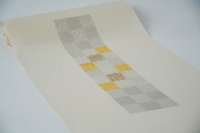 ＜丹後の藤布　遊絲舎＞八寸名古屋帯　「すかし市松文」（白）選べるお仕立て　FY00106