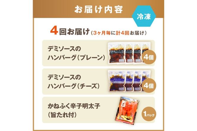 【F8-005】かねふく辛子明太子&デミソースのハンバーグ2種セット【3ヶ月毎定期便(計4回発送)】