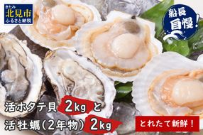 【予約：2025年10月中旬から順次発送】とれたて新鮮！活ホタテ貝2kgと活牡蠣2年物2kg ( 海鮮 魚介 貝 帆立 ほたて ホタテ カキ かき 牡蠣 セット BBQ )【114-0014-2025】