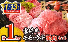 【市制100周年特別規格・期間限定】宮崎牛 モモ ウデ 焼肉 セット 各500g 合計1kg_M132-012_02-UP