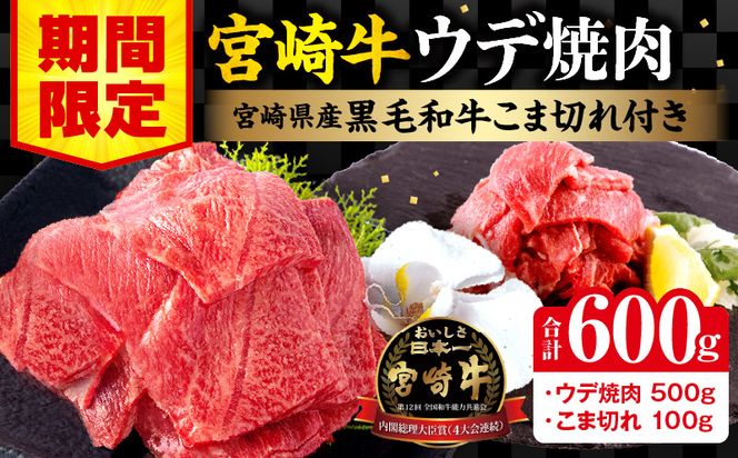 【期間限定】宮崎牛ウデ焼肉500g 宮崎県産黒毛和牛小間切れ100g 合計600g_M132-022-UP