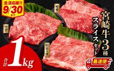 [期間限定・最速便]宮崎牛 スライス3種セット (モモスライス300g/ウデスライス400g/肩ローススライス300g)合計1kg_M132-041-UP-2W