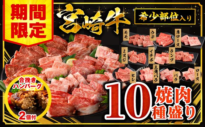 【期間限定】宮崎牛焼肉10種盛り合わせ+合挽きハンバーグ100g×2個_M132-067-B