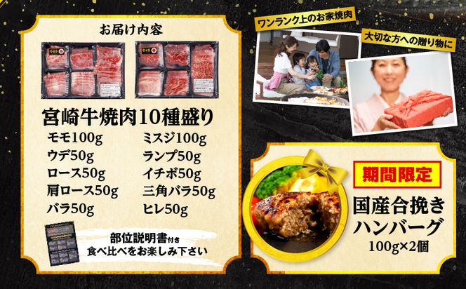 【期間限定】宮崎牛焼肉10種盛り合わせ+合挽きハンバーグ100g×2個_M132-067-B