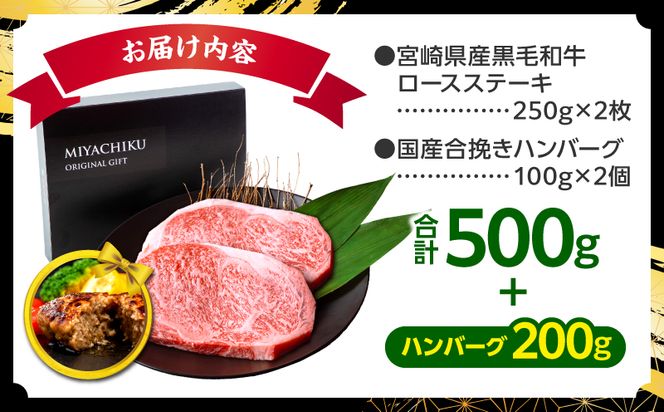 【市制100周年特別規格・期間限定】宮崎県産黒毛和牛ロースステーキ250g×2 合挽きハンバーグ100g×2個 合計700g_M132-091-B