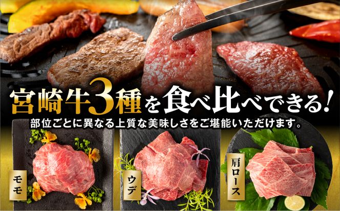 【2025年6月発送】【期間・数量限定】宮崎牛焼肉3種セット （モモ焼肉300g/ウデ焼肉300g/肩ロース焼肉300g）合計900g+合挽きハンバーグ100g×2個_M132-093-B-jun