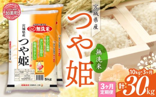 【定期便3回】令和6年産 宮城県産 つや姫 無洗米 10kg(5kg×2）×3回 [カメイ 宮城県 加美町 ] お米 こめ コメ 精米 白米 | km00014-r6-10kg-3