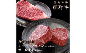 熊野牛A4以上ヒレシャトーブリアンステーキ100g×2枚＆霜降りサーロインステーキ180g×2枚【uot766】