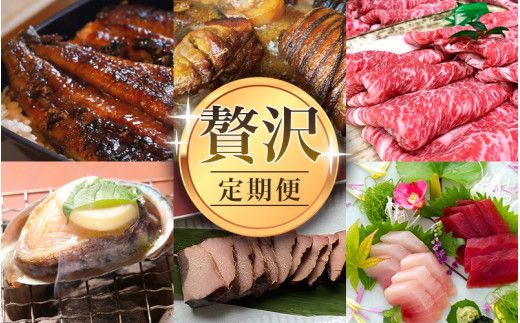 [新宮市]贅沢定期便 6回 / うなぎ 国産 鰻 ウナギ 鮑 アワビ あわび 和牛 牛肉 肉 すきやき 天然 まぐろ 食べ比べ 豚 チャーシュー 焼豚 かつおぶし 鰹節 かつお節 ご当地 [tkb138]