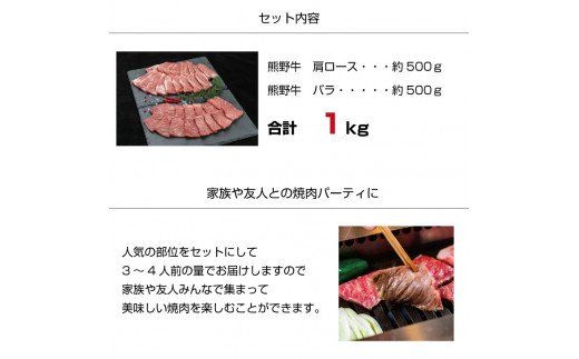 特選黒毛和牛 熊野牛 焼肉セット（バラ・肩ロース） 約１kg 【mtf400】