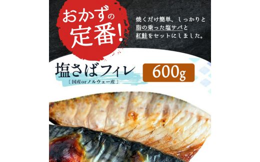 【全3回】大人気！ ご家庭用 塩さばフィレ＆紅鮭切身セットの定期便 / さば サバ 鯖 フィレ 鮭 サケ 切り身 切身 魚 海鮮 焼き魚 おかず 定期便【tkb355】