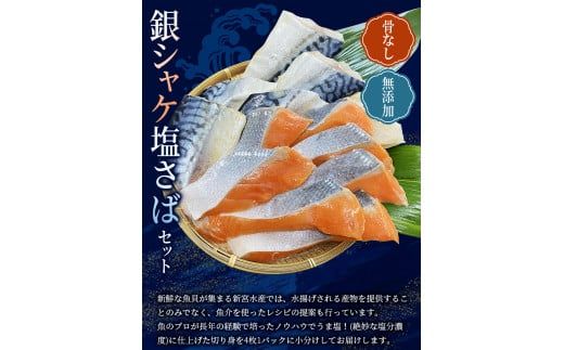 【全6回】骨無し 無添加 銀シャケ切身と塩さばのセット！銀シャケ12枚 塩サバ12枚　約1.35kg（計24枚）/ サケ 鮭 シャケ サバ 塩サバ 冷凍 おかず 魚 海鮮 人気 【tkb328A】