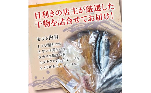 塩崎商店のイチオシ干物 5種セット 地元で愛される人気の干物 Jセット （アジ開き×2枚、サンマ開き×2枚、カマス開き×2枚、タチウオみりん干し100g、イラギみりん干し100g) 【sio113A】