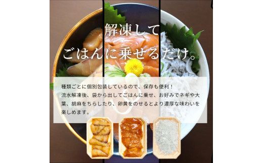 紀州湯浅醤油を使ったサーモンとカンパチの漬け＆釜揚げしらすの 海鮮丼 ３種セット 計６００g【uot757A】