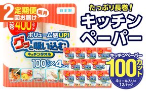 【T10042】【隔月配送】キッチンタオル100カット（4ロール×12パック）2回お届け定期便