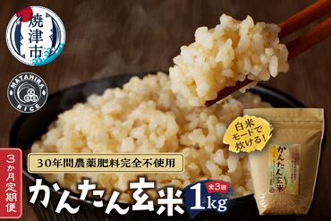 a30-260　【定期便3回】　かんたん玄米 無農薬 肥料不使用 1kg×3回