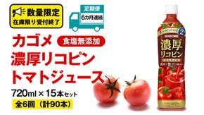 【 6ヶ月 連続 定期便 】 カゴメ 濃厚 リコピン 食塩無添加 トマトジュース 720ml × 15本 KAGOME トマト 飲料 野菜ジュース セット リコピン GABA 長期保存 防災 数量限定