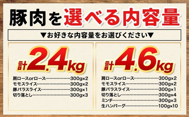 豚肉 うまか ポーク バラエティ セット 2.4kg 4.6kg 豚肉 しゃぶしゃぶ 切り落とし 豚ロース バラ 豚バラ スライス 以上 定期便 真空 不揃い 数量限定 簡易包装 冷凍配送 小分け 《12月出荷》 豚肉---oz_fbrets_ac12_25_17000_4600g---
